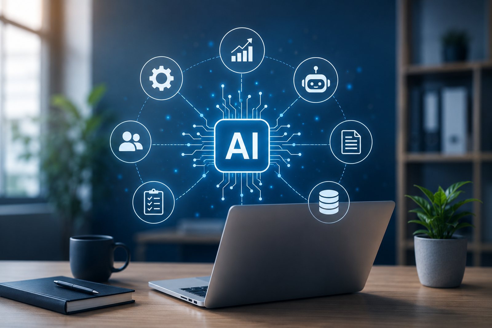 AI implementation for a small business — a laptop on a desk with an AI hub connecting automation, chatbots, documents, data, analytics, and people