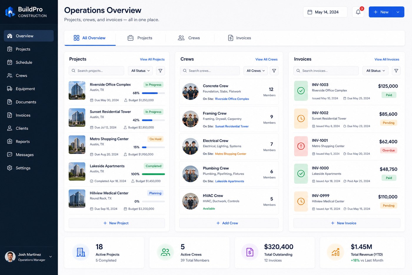 Projects, crews, and invoices in one view